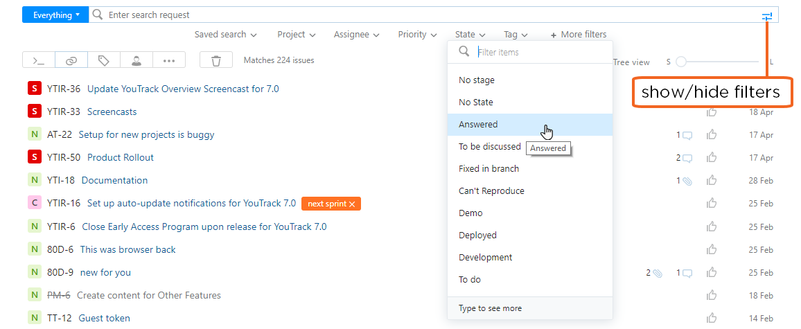 filters on Issues list filters on Issues list
