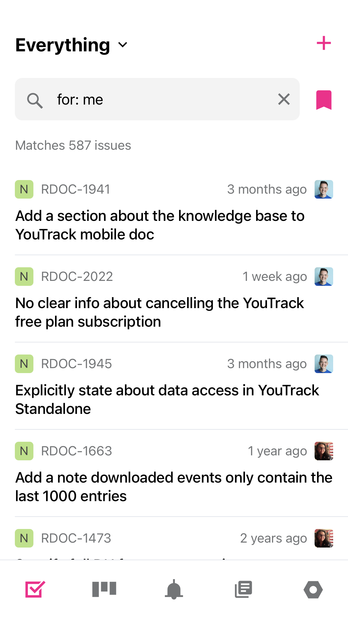 The Issues list in YouTrack Mobile. The Issues list in YouTrack Mobile.