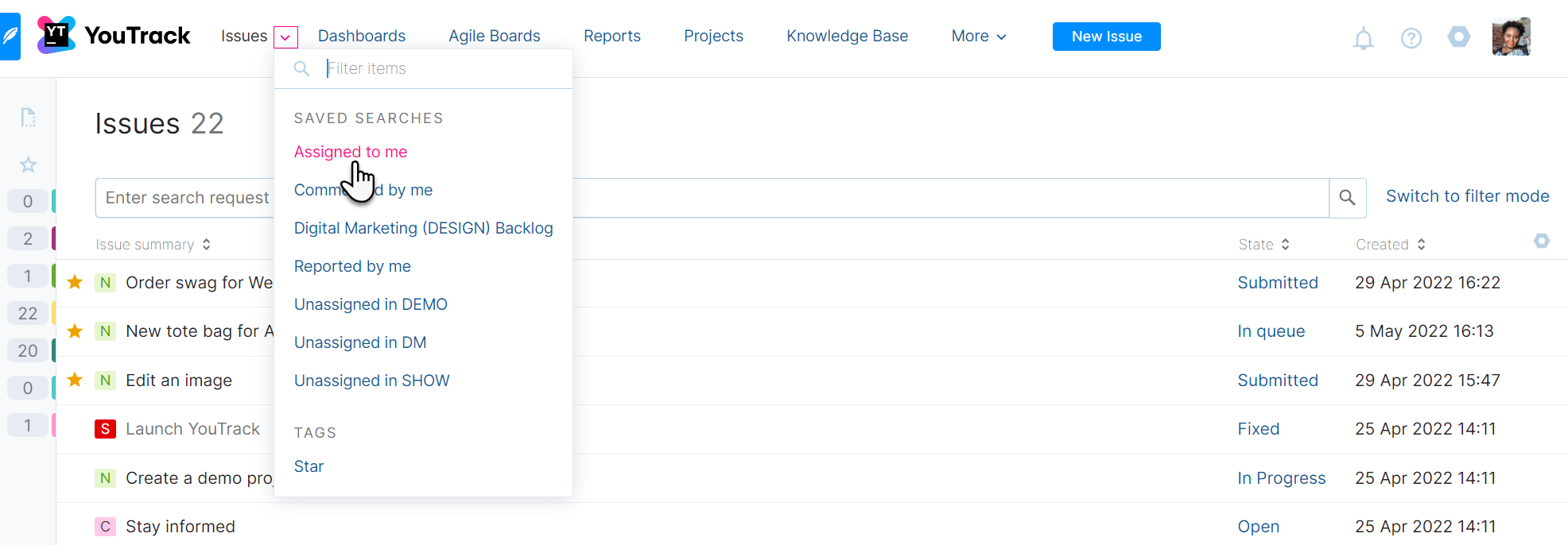Issues search menu Issues search menu