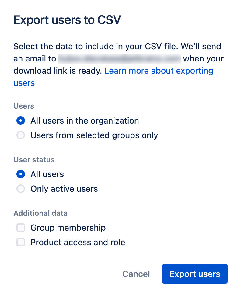 Select users to export page in Atlassian Administration. Select users to export page in Atlassian Administration.