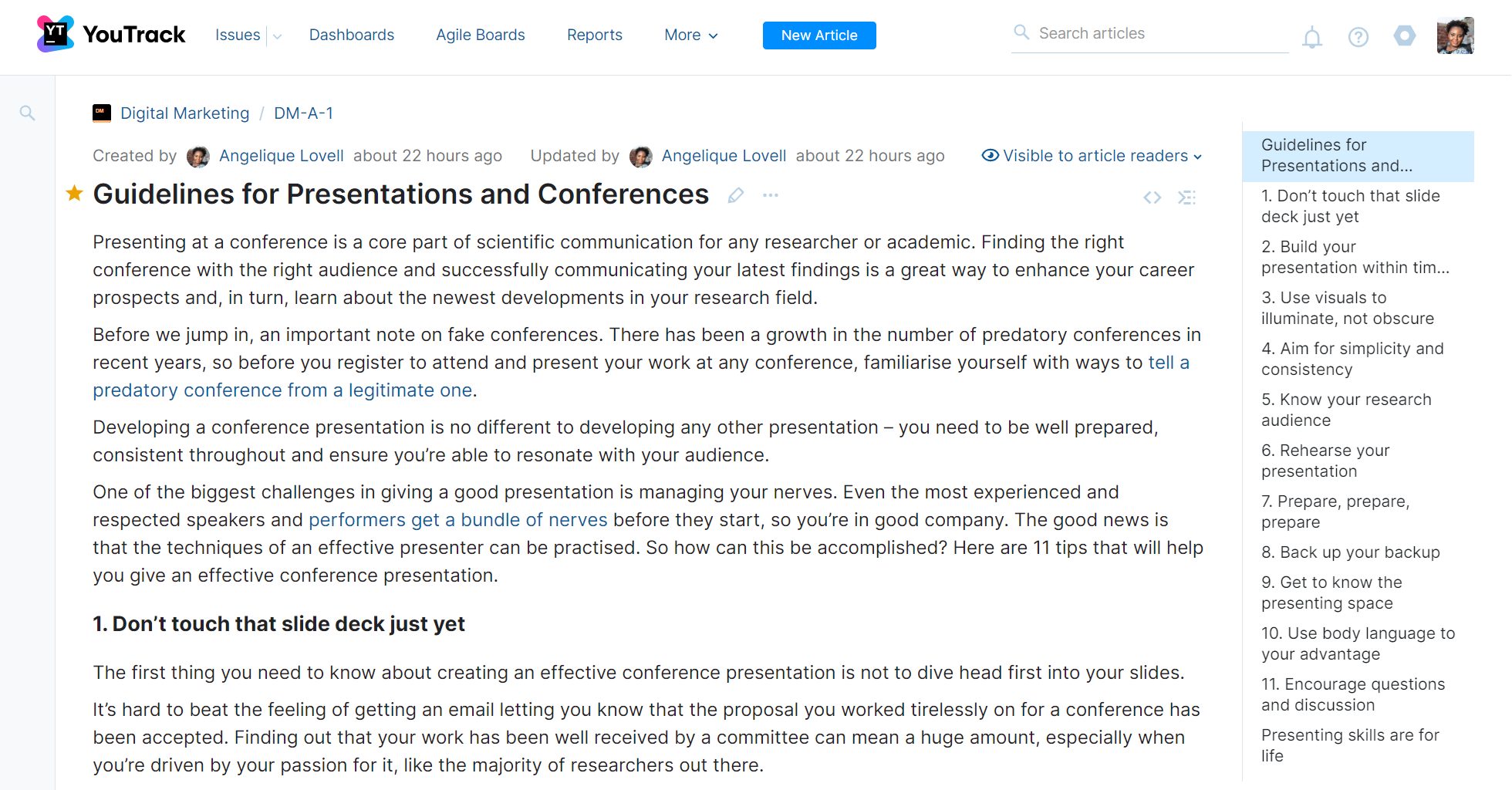 The knowledge base in YouTrack. The knowledge base in YouTrack.