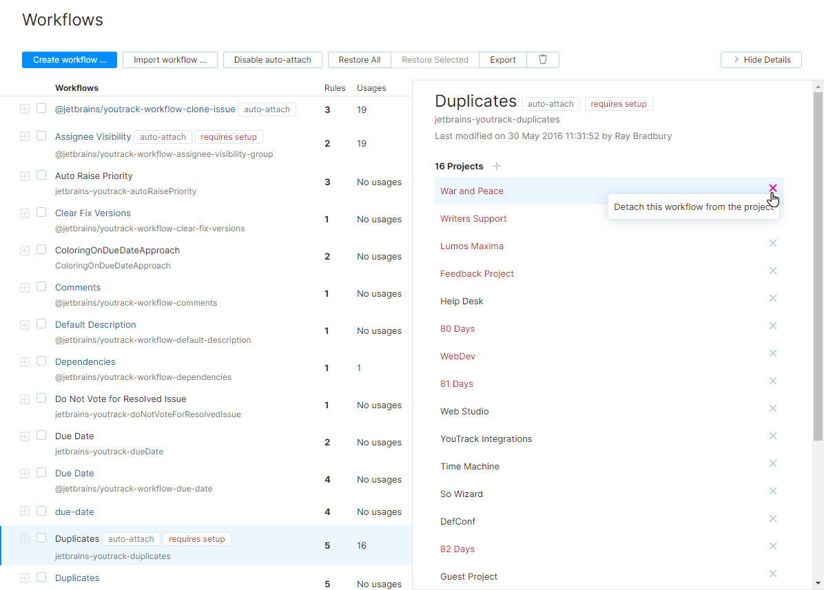 Detach workflow from project. Detach workflow from project.