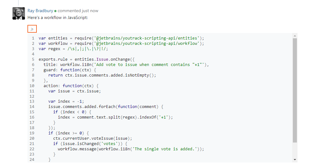 Fenced code block set as JavaScript. Fenced code block set as JavaScript.