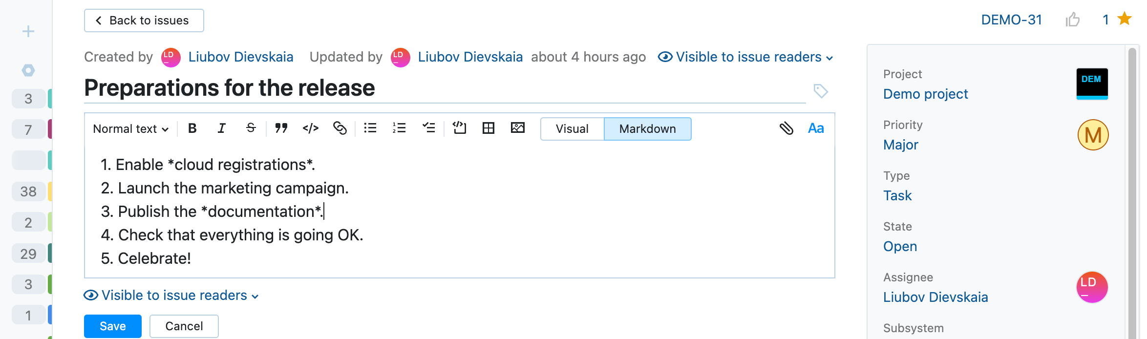 Markdown mode for editing issue description text. Markdown mode for editing issue description text.