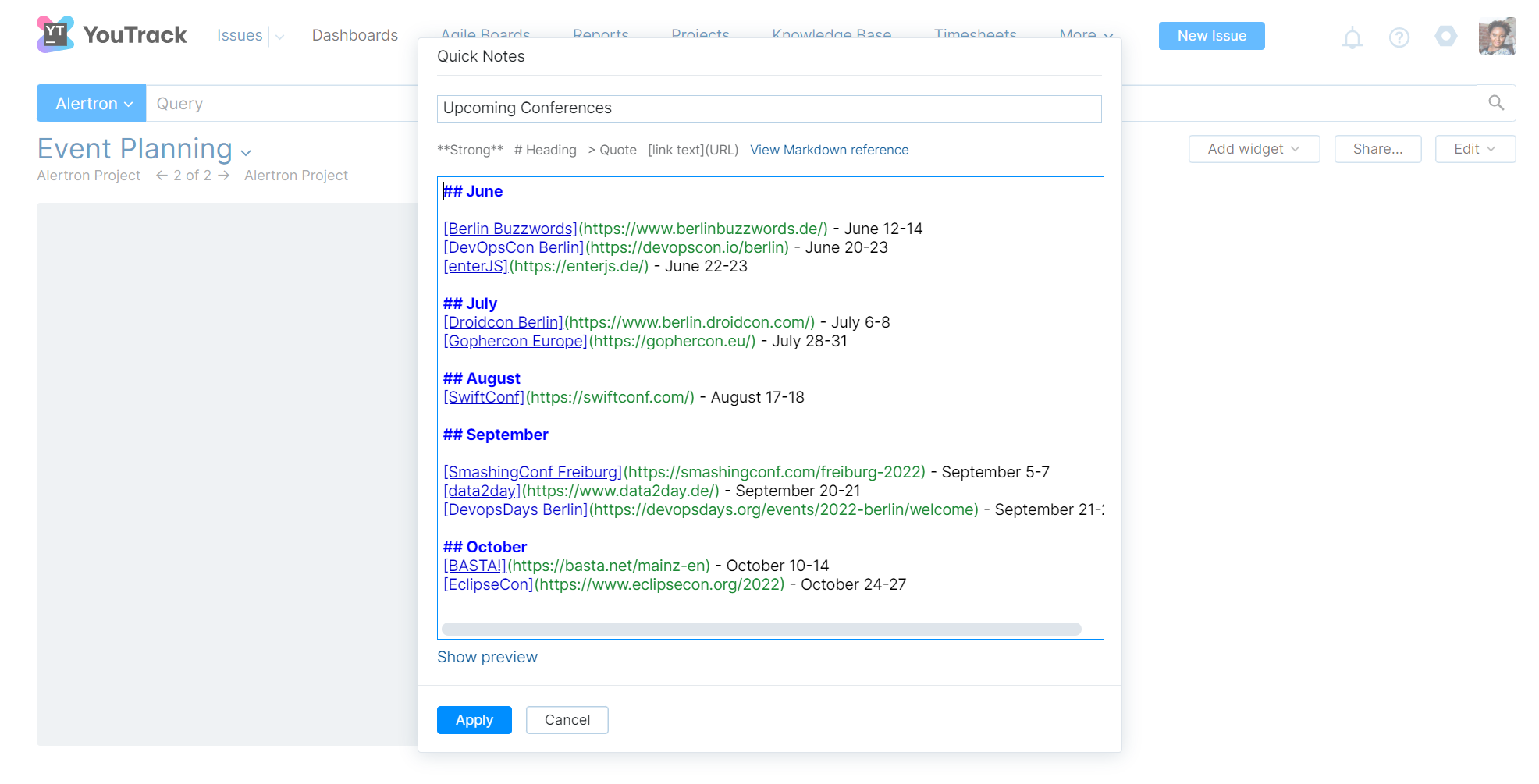 Settings for creating a Quick Notes widget. Settings for creating a Quick Notes widget.
