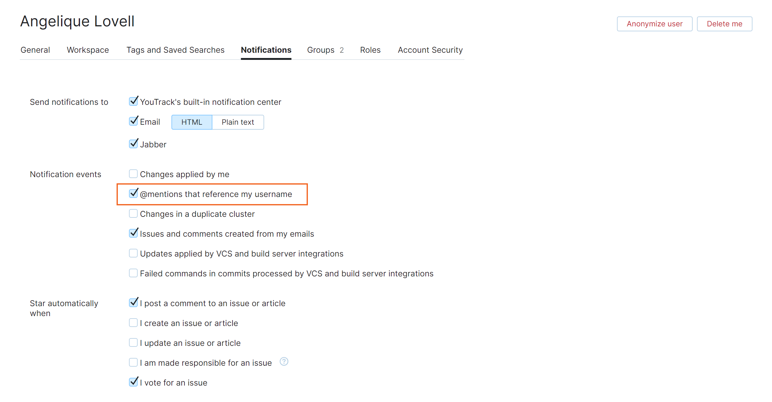 Notification preference for mentions in the YouTrack profile. Notification preference for mentions in the YouTrack profile.