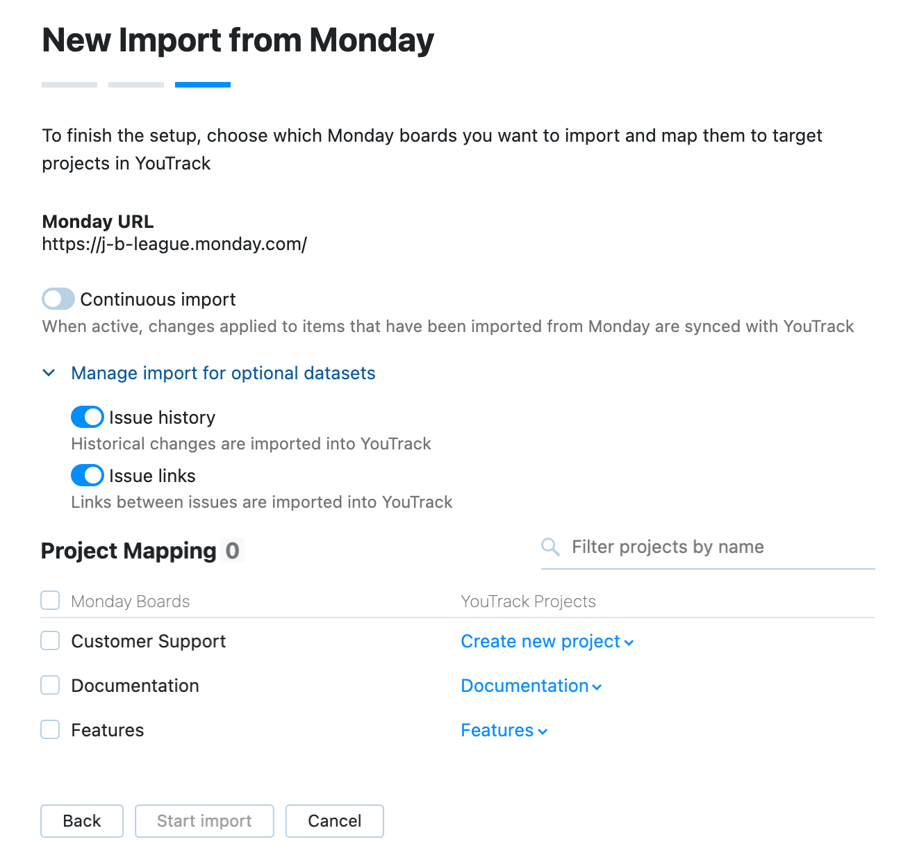 Confirm settings and start import Confirm settings and start import