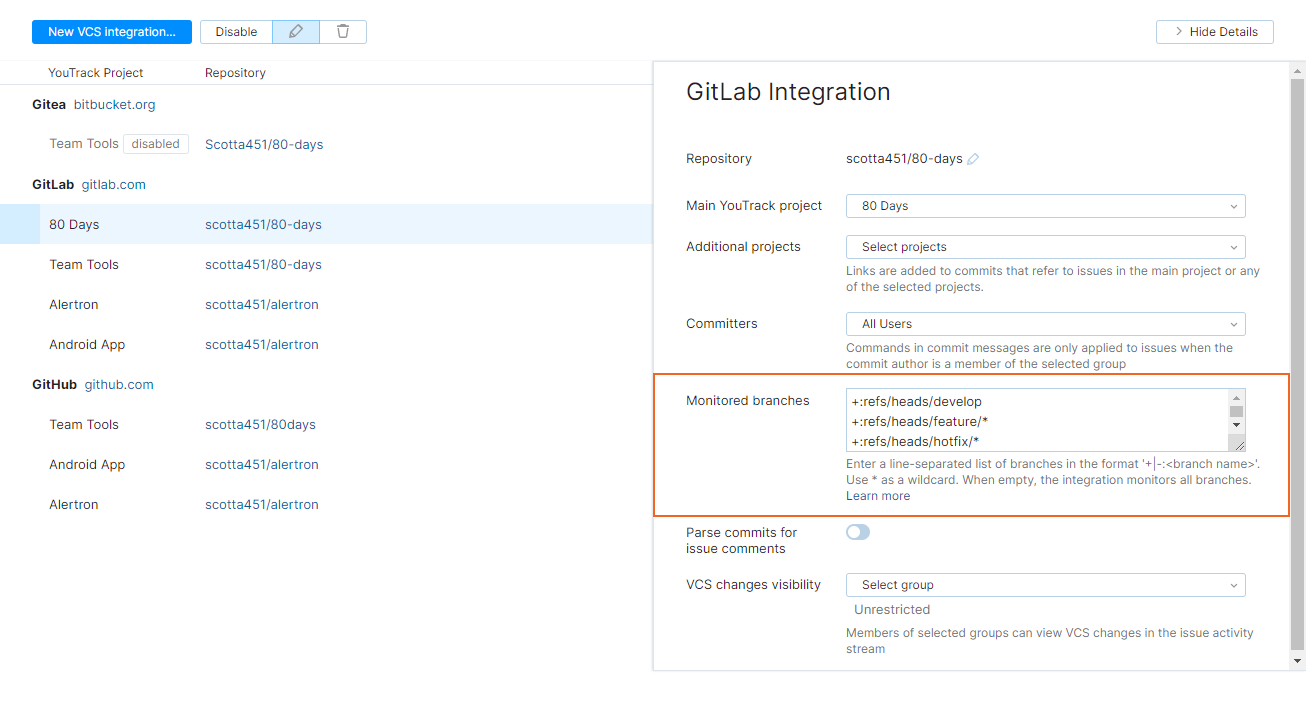 Monitored branches in VCS integration settings Monitored branches in VCS integration settings
