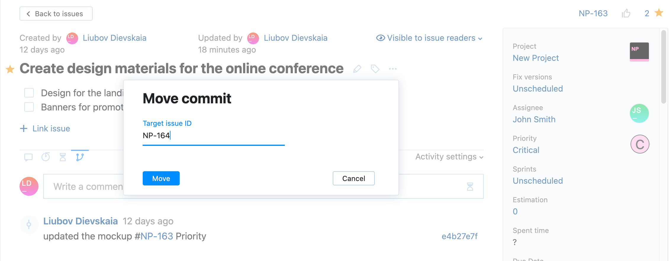 Dialog for moving commit to another issue. Dialog for moving commit to another issue.