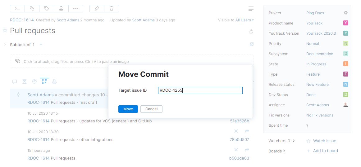 Dialog for moving commit to another issue. Dialog for moving commit to another issue.