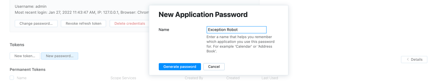 New application password dialog New application password dialog