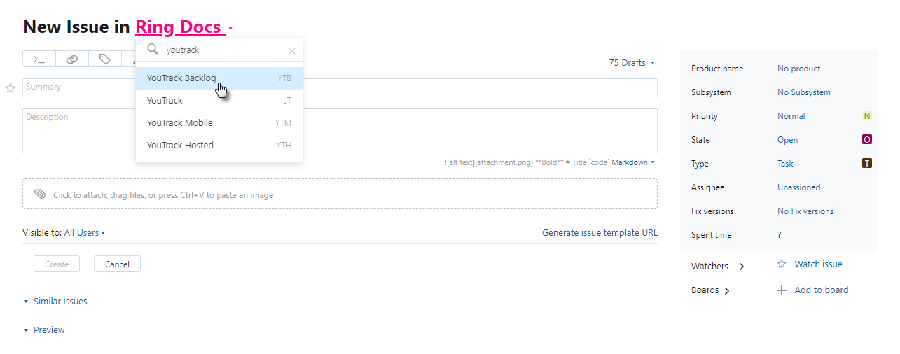 Project selector for a new issue. Project selector for a new issue.