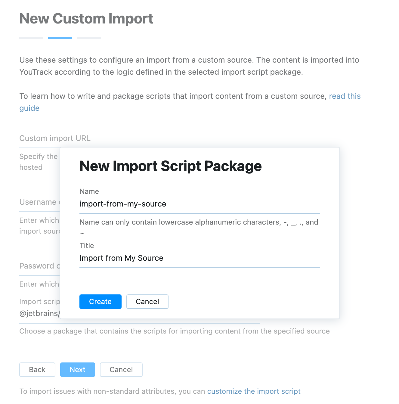 Enter new import script name and title Enter new import script name and title