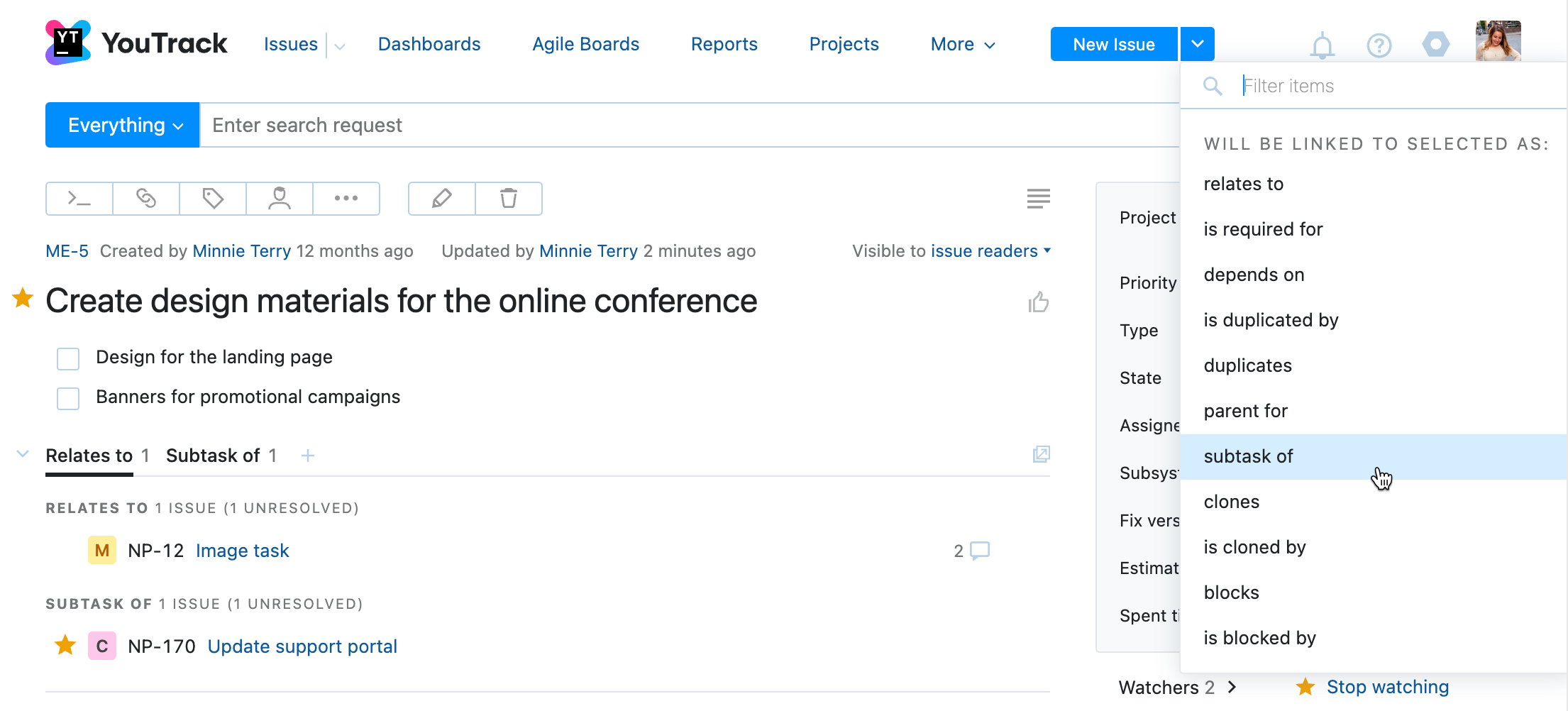 New issue menu in the header. New issue menu in the header.
