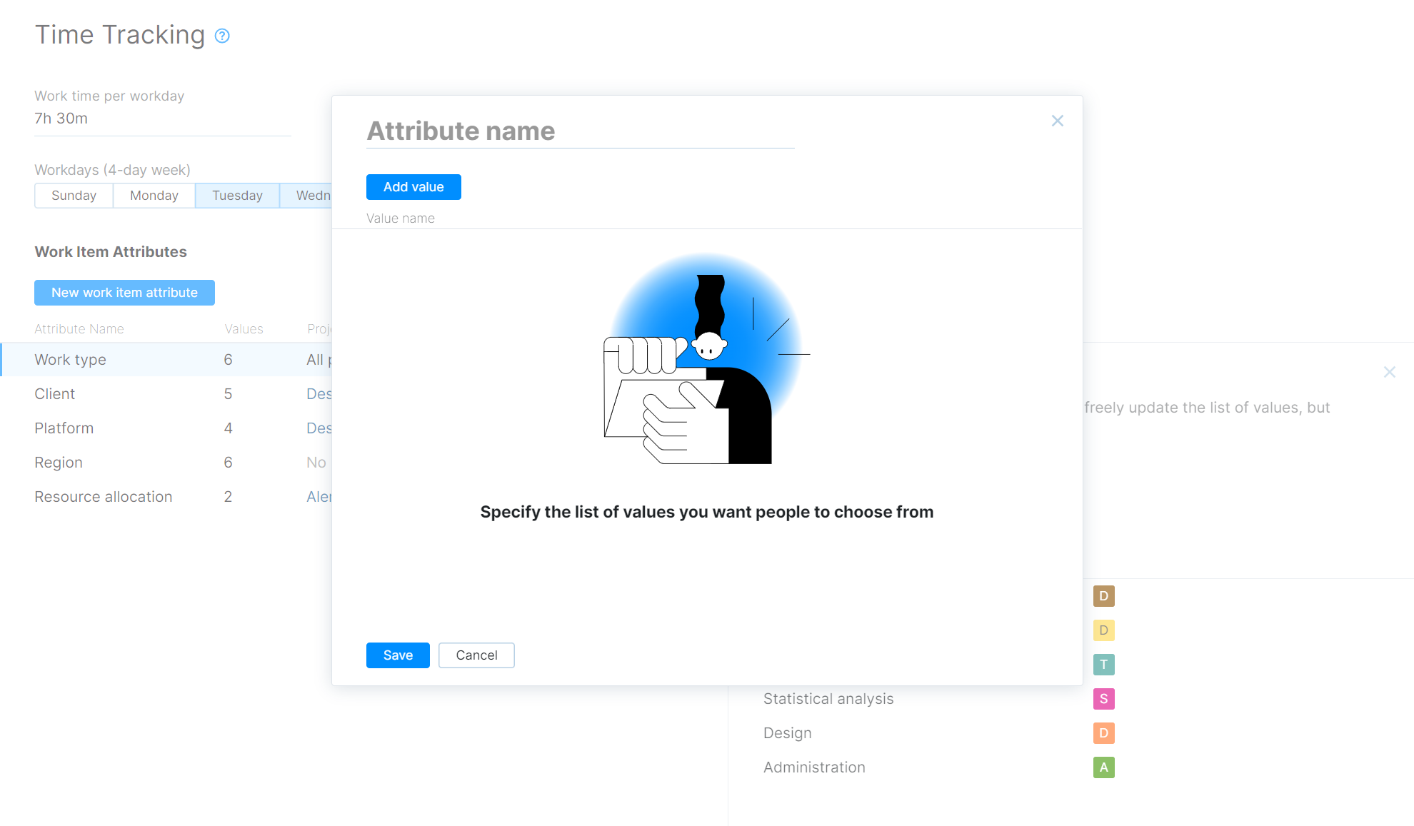 The dialog for adding a new work item attribute. The dialog for adding a new work item attribute.