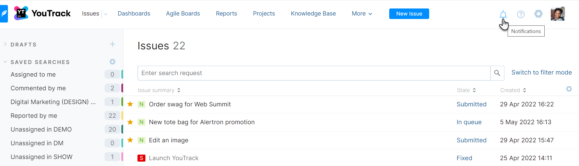 Access point for notifications in the application header. Access point for notifications in the application header.