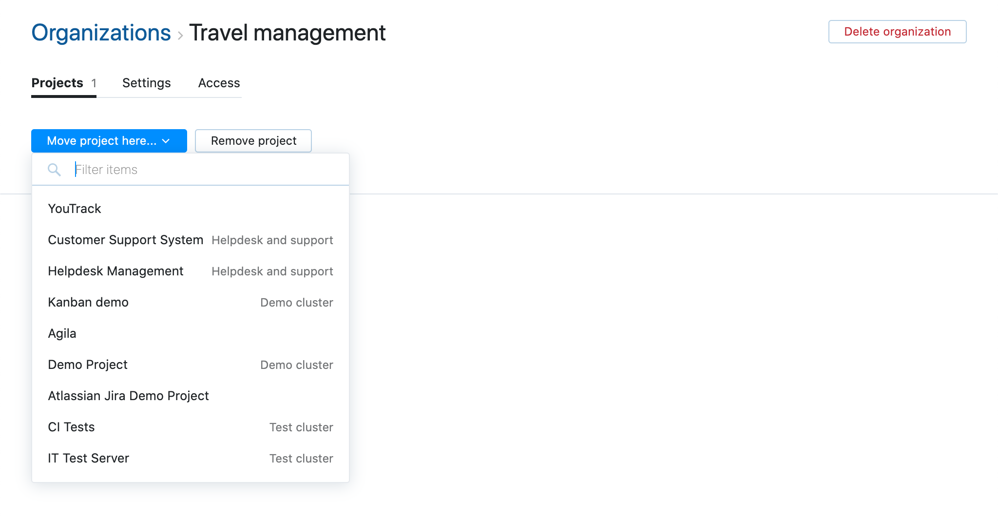 List of projects that can be added to the organization. List of projects that can be added to the organization.