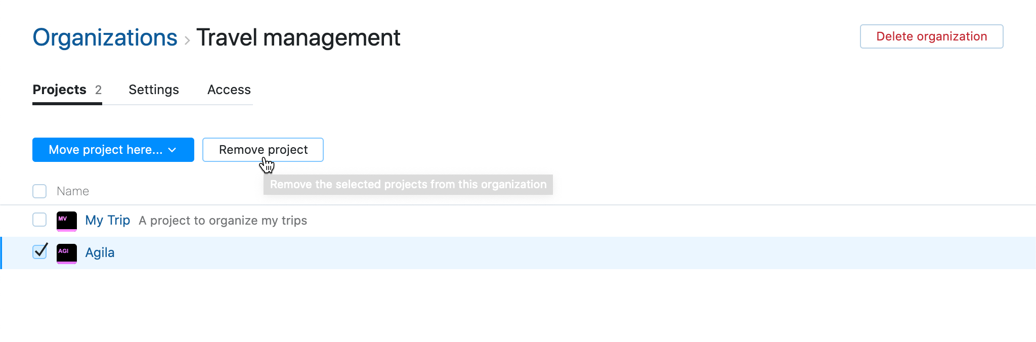 Option to remove selected projects from the current organization. Option to remove selected projects from the current organization.