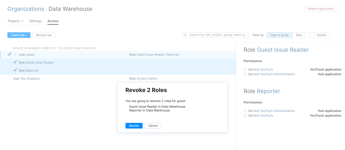 Revoke role from a user in an organization. Revoke role from a user in an organization.