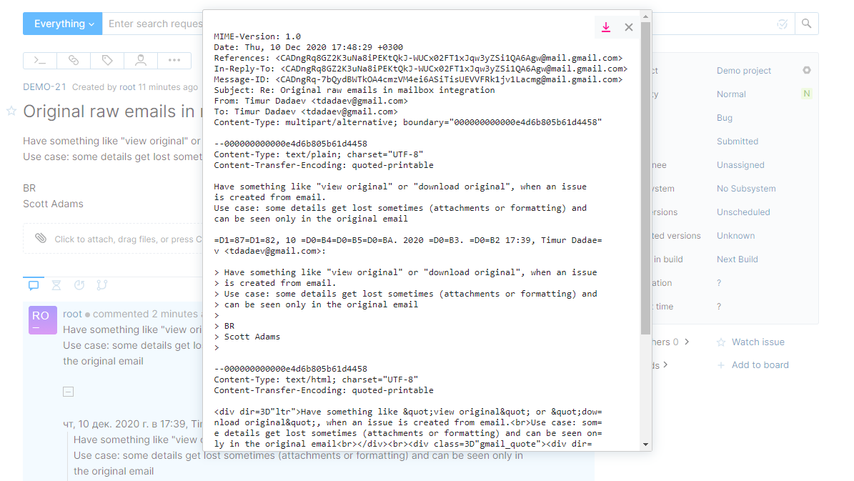 Original email for a comment in YouTrack Classic. Original email for a comment in YouTrack Classic.