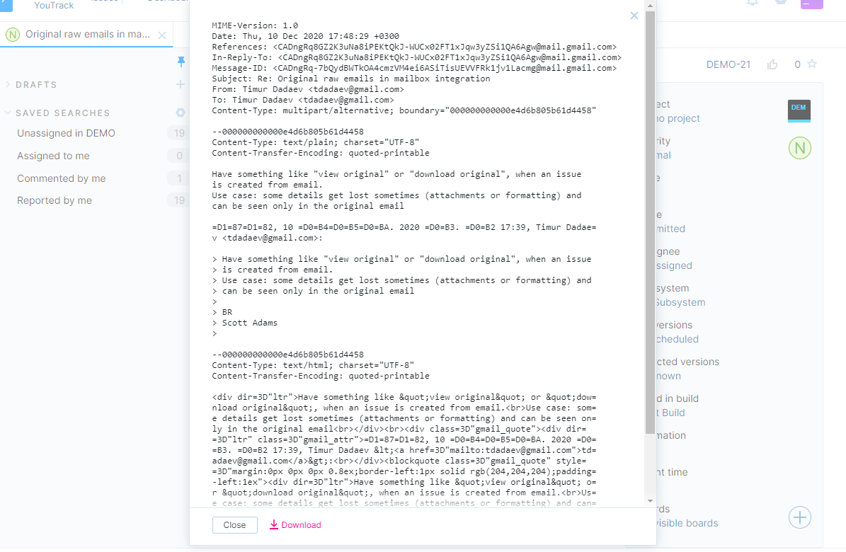 Original email for an comment in YouTrack Lite. Original email for an comment in YouTrack Lite.