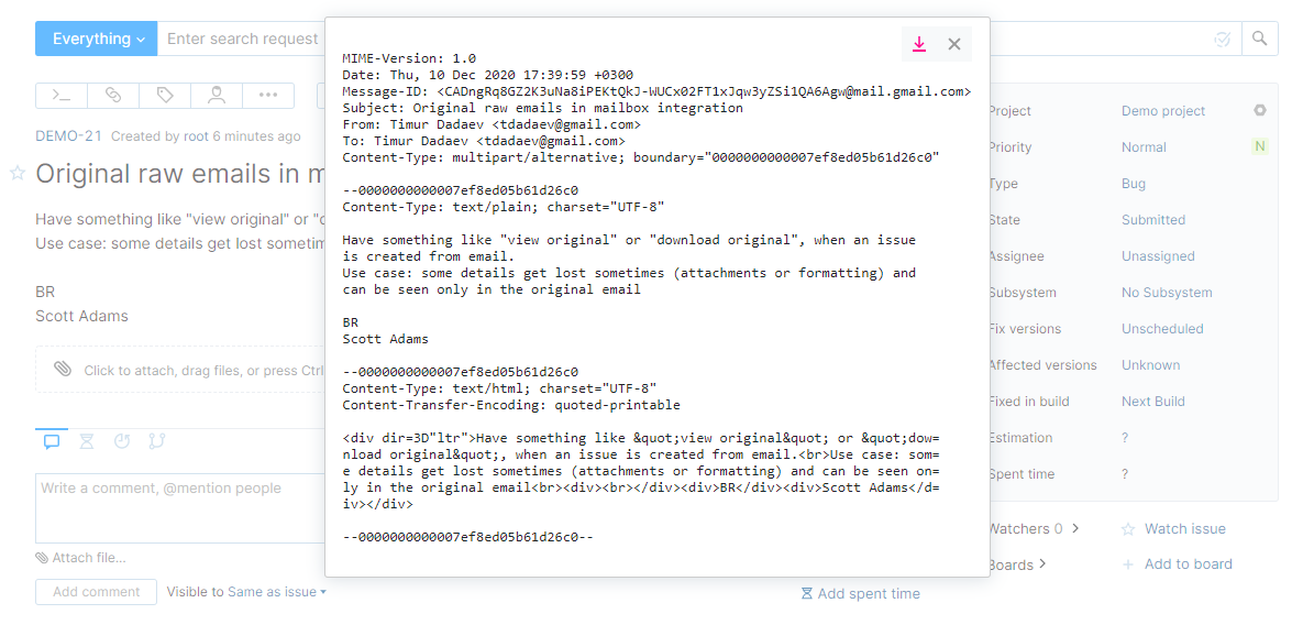 Original email for an issue in YouTrack Classic. Original email for an issue in YouTrack Classic.