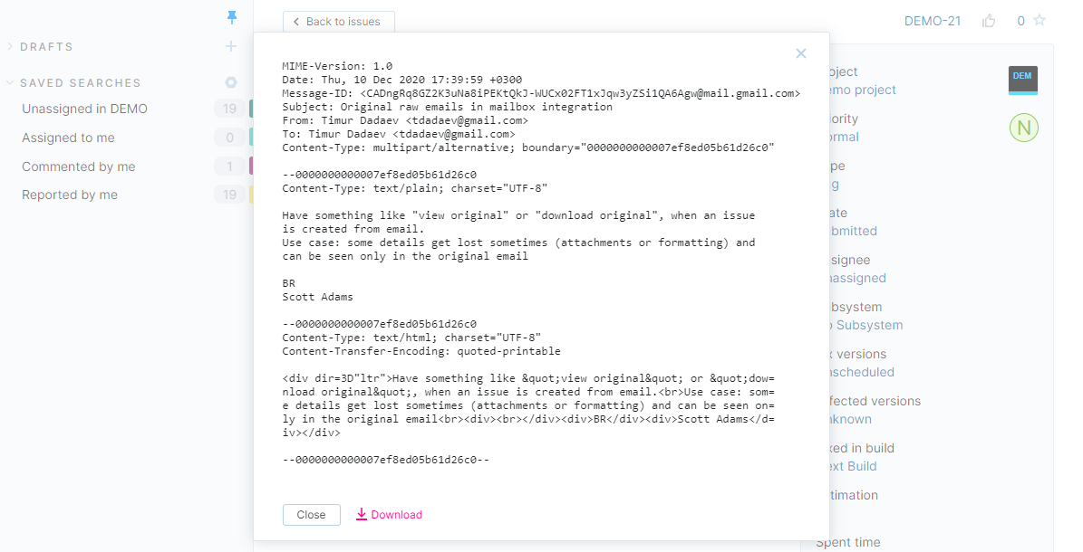 Original email for an issue in YouTrack Lite. Original email for an issue in YouTrack Lite.