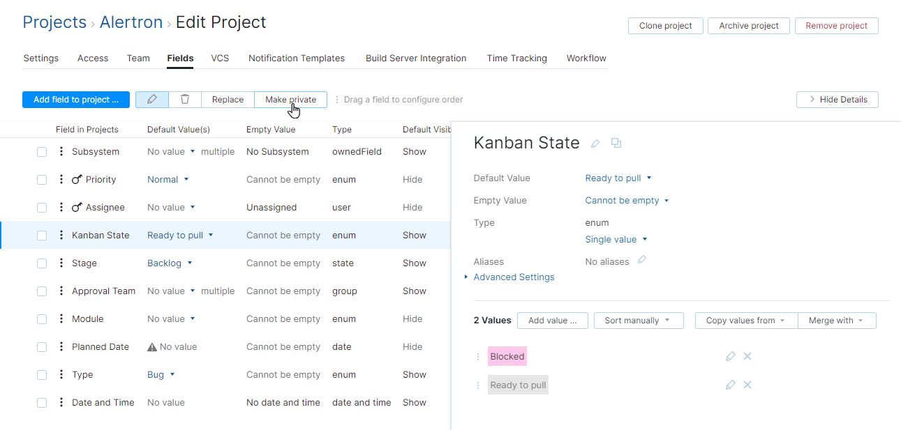 Private fields per project. Private fields per project.