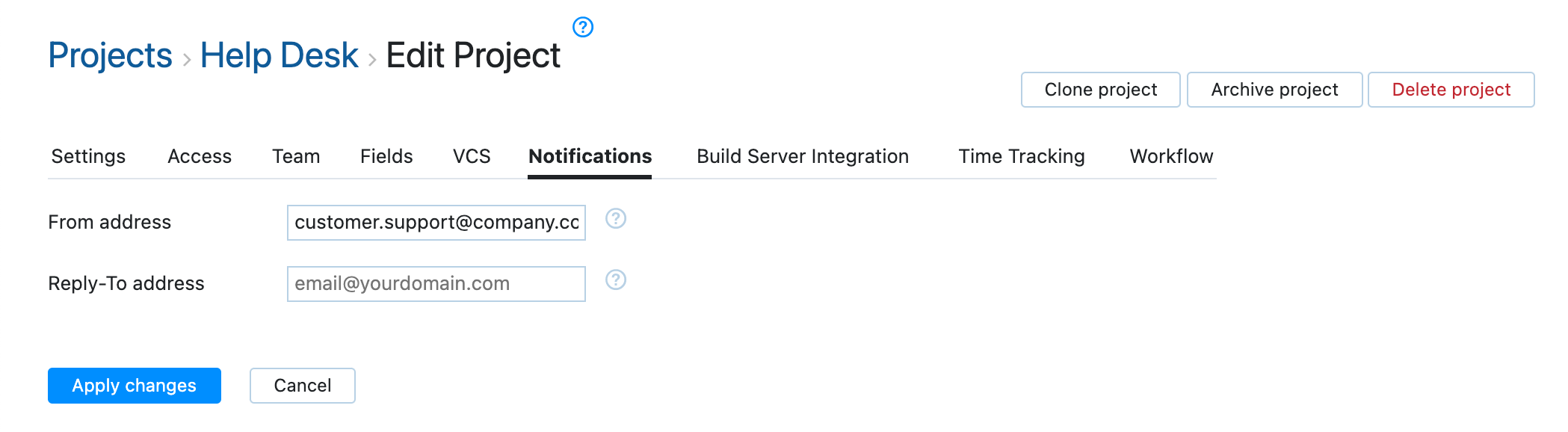 Notifications tab in the project settings Notifications tab in the project settings