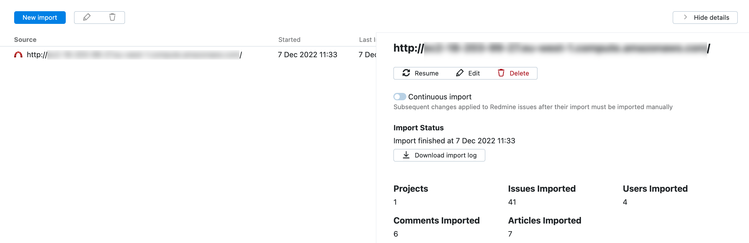 Import results Import results