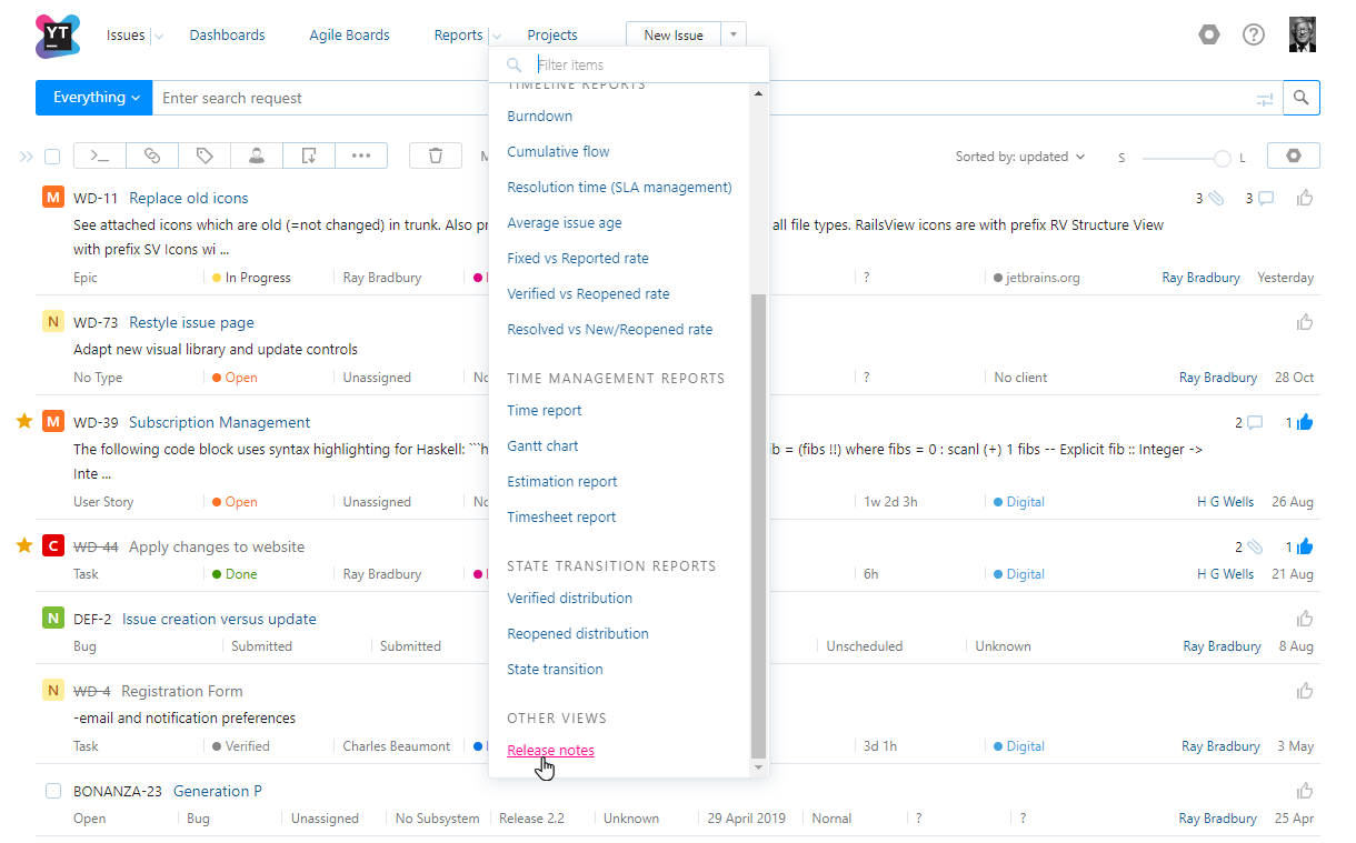 Release notes option in the Reports menu. Release notes option in the Reports menu.