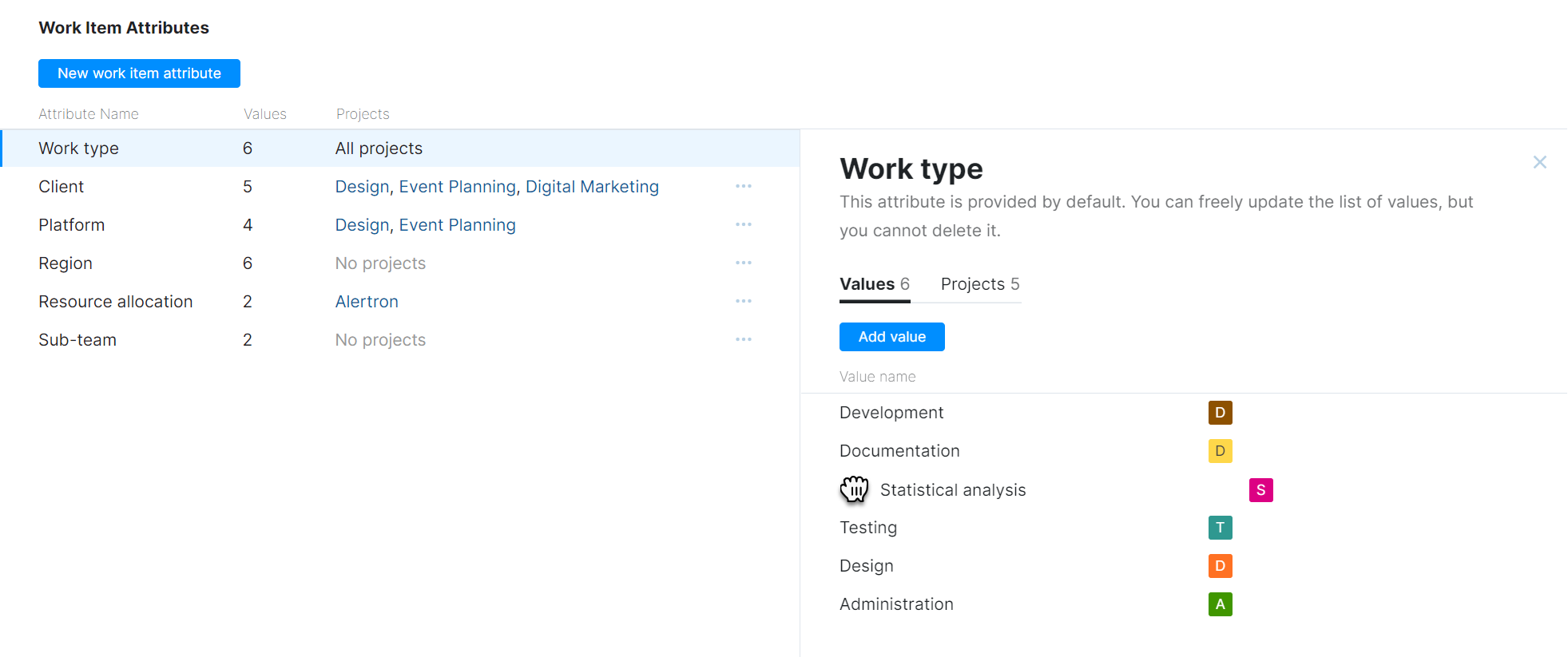 Dragging value for work item attribute to change the sort order. Dragging value for work item attribute to change the sort order.