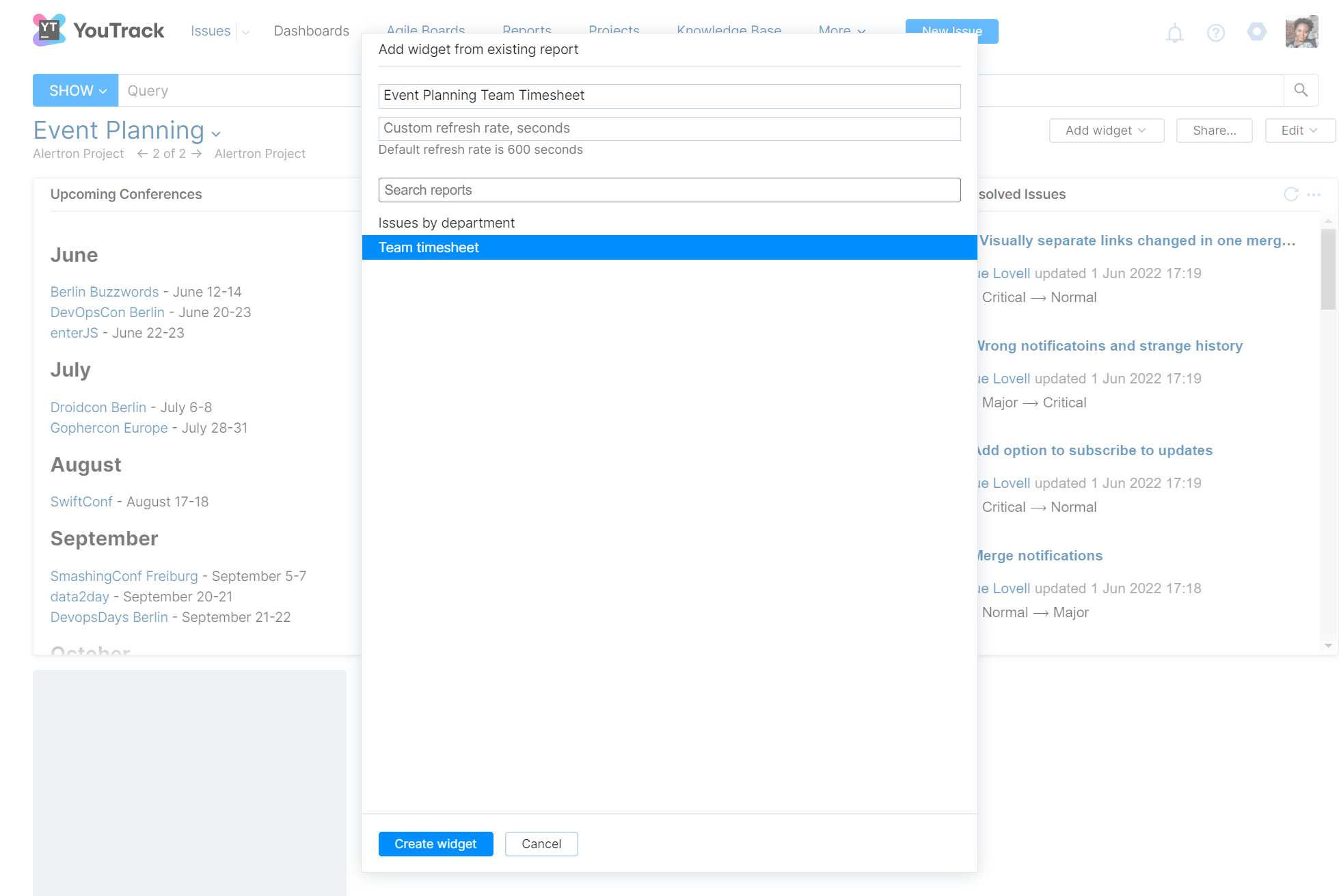 Report widget settings Report widget settings