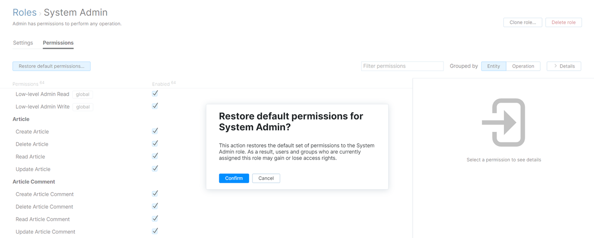 Restore default permissions dialog. Restore default permissions dialog.