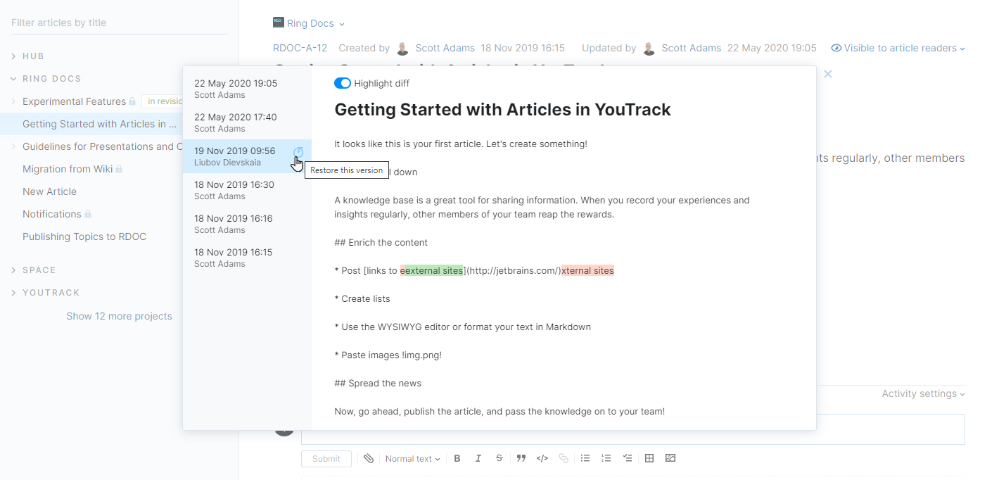 Show version history option in article menu. Show version history option in article menu.