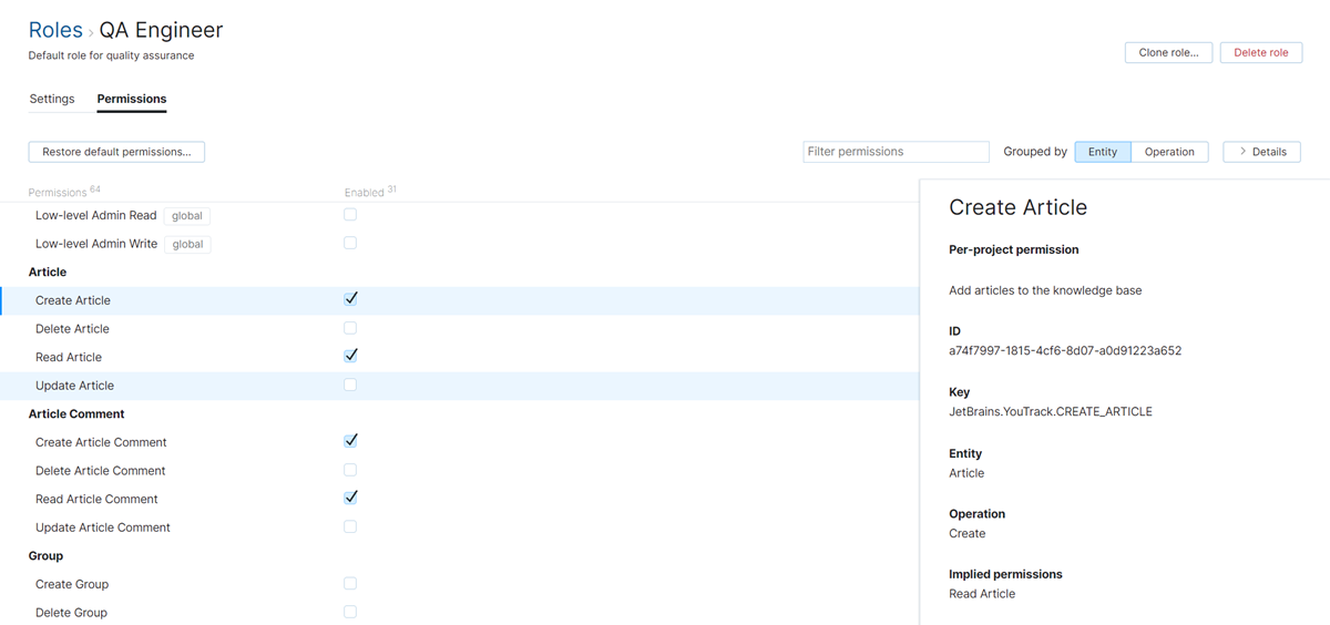 Roles permissions tab Roles permissions tab