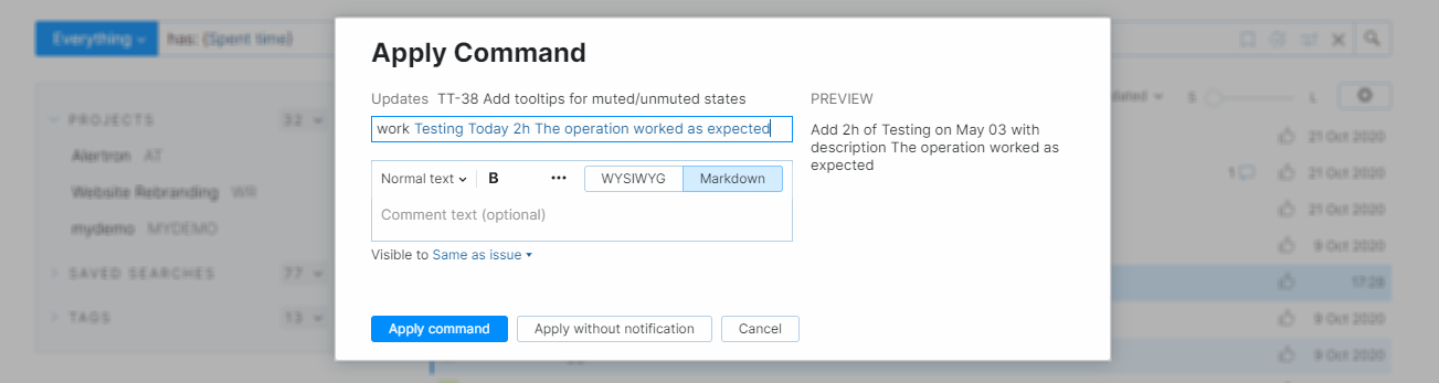Sample command for adding a work item to an issue. Sample command for adding a work item to an issue.