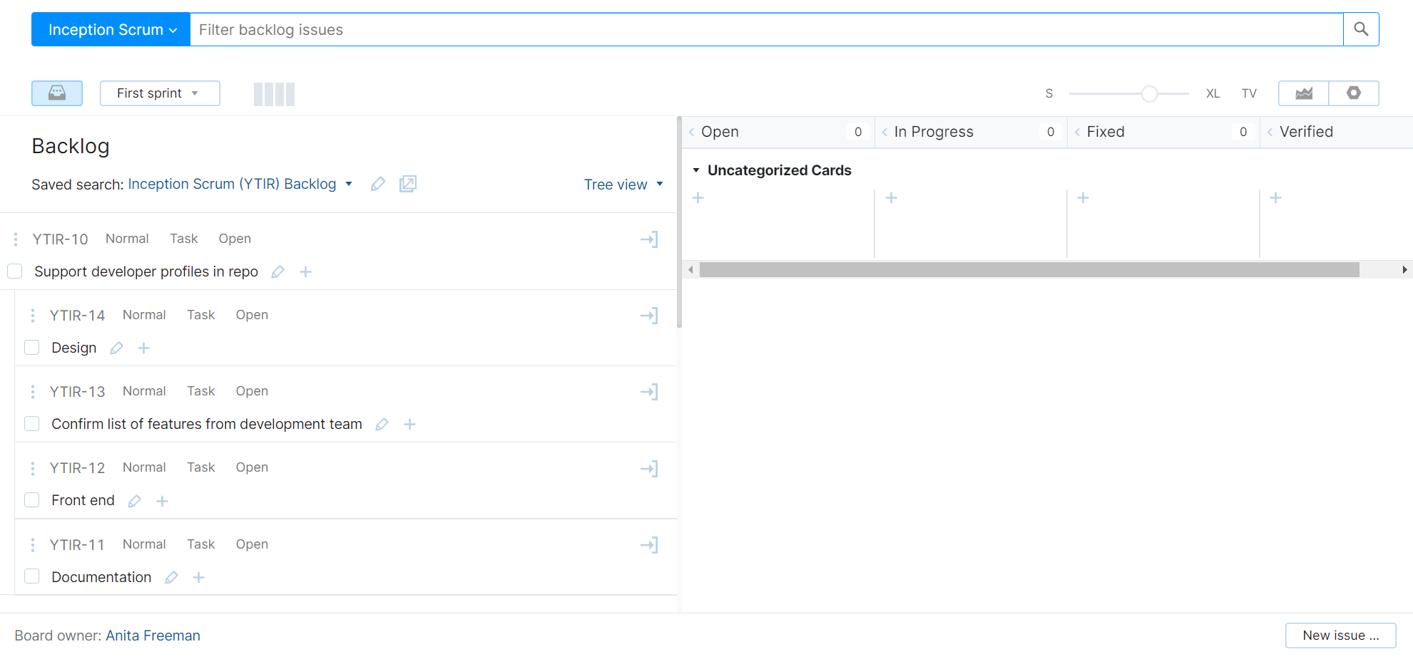 Scrum board with backlog issues. Scrum board with backlog issues.
