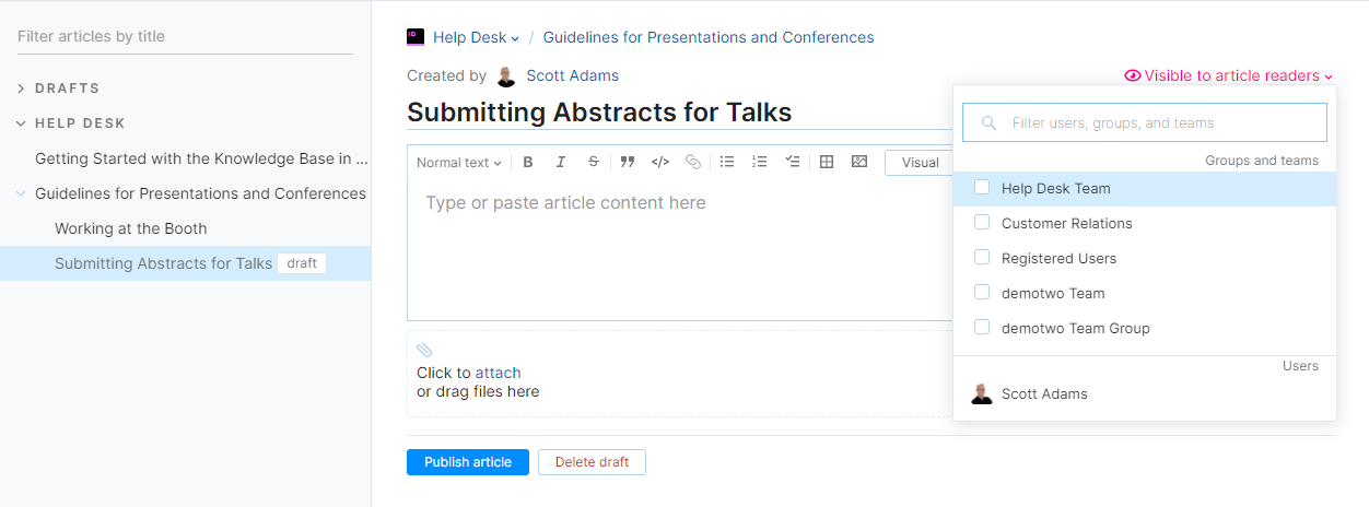 Set visibility for an article draft. Set visibility for an article draft.