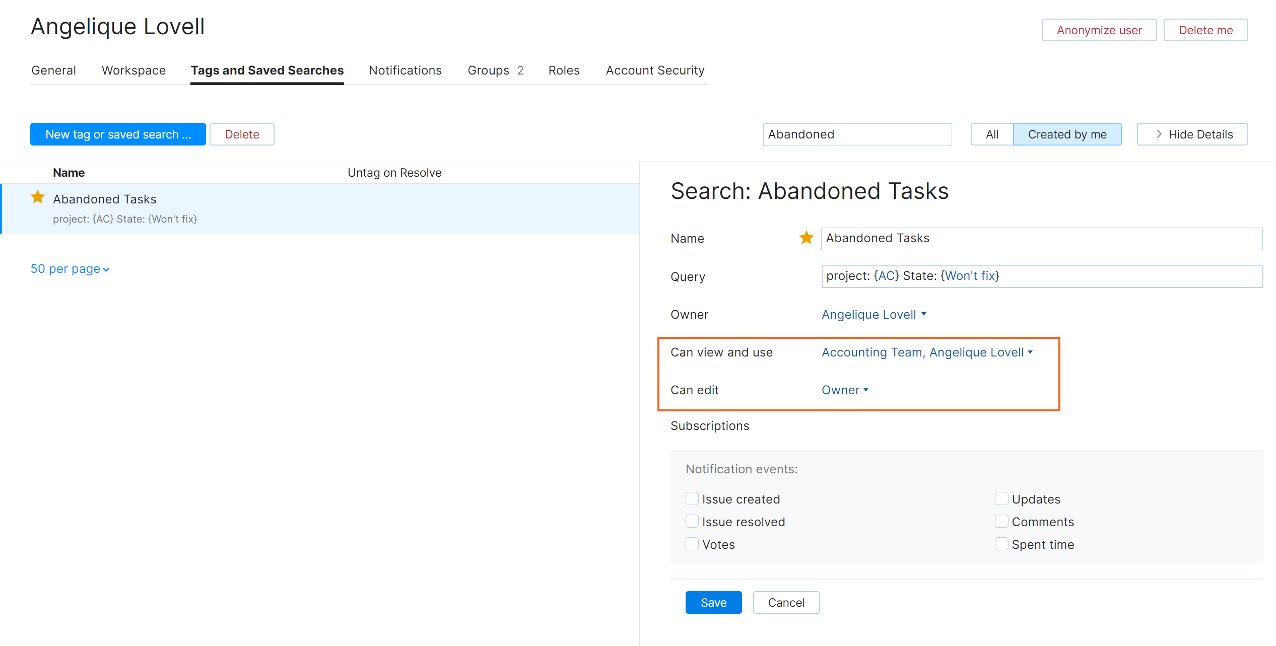 Options for editing a saved search in a YouTrack user profile. Options for editing a saved search in a YouTrack user profile.