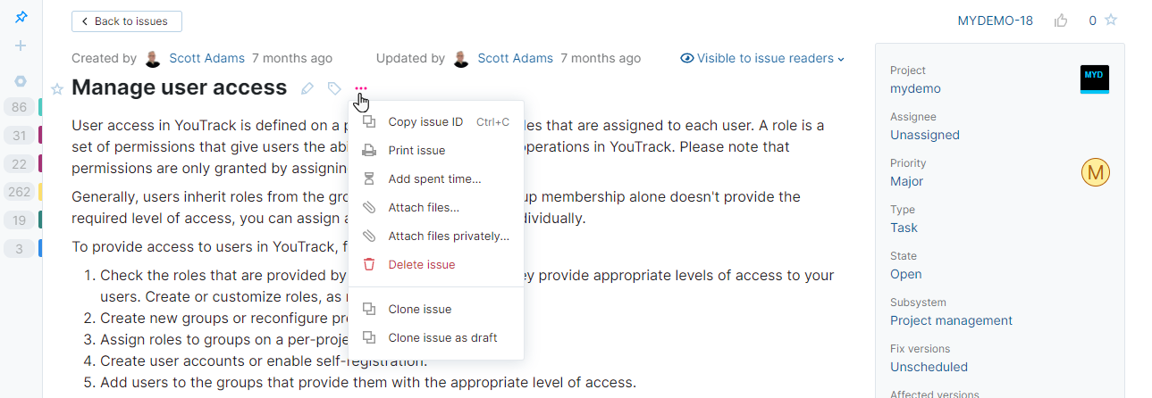 Show more menu options in YouTrack Lite Show more menu options in YouTrack Lite