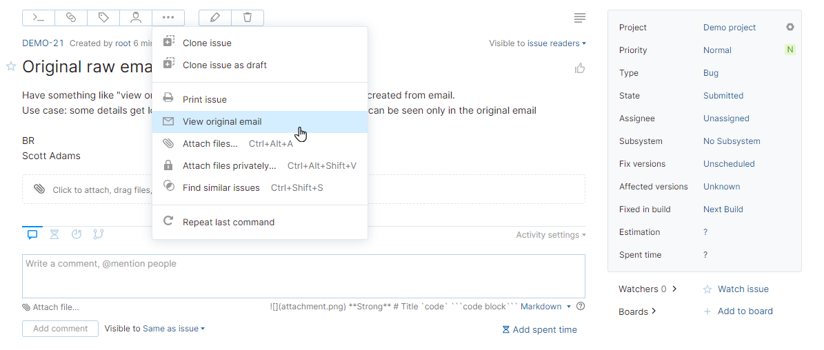 Option to view original email for an issue in YouTrack Classic. Option to view original email for an issue in YouTrack Classic.