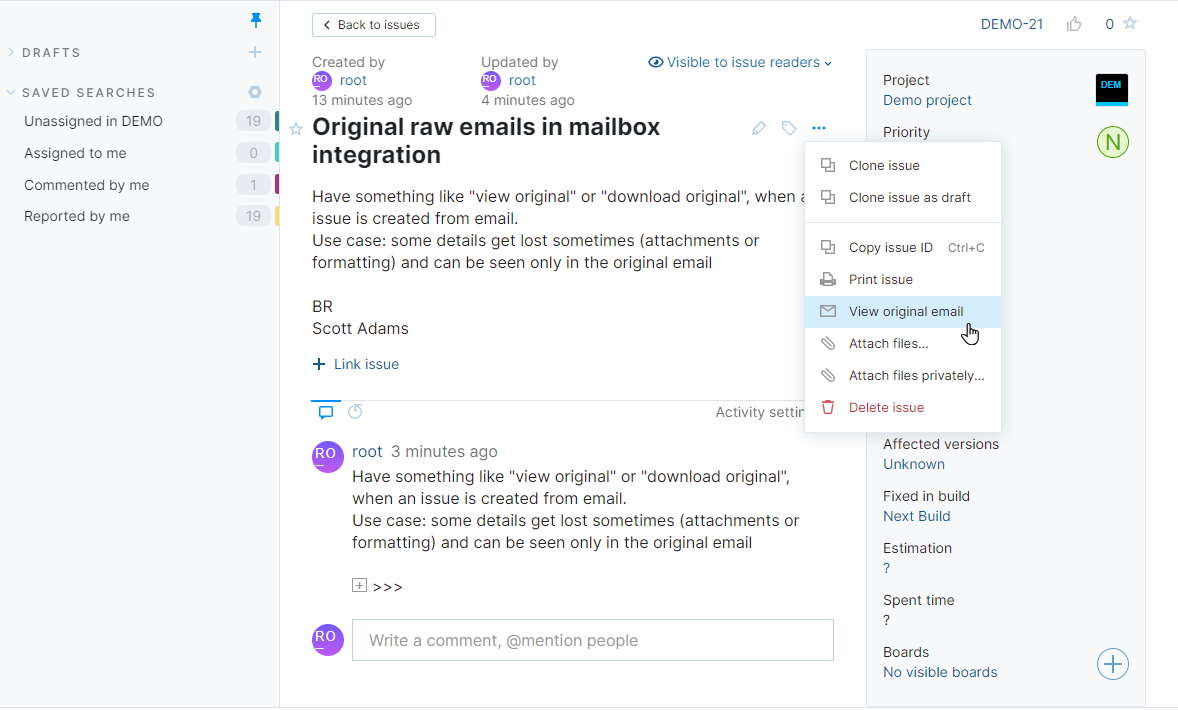 Option to view original email for an issue in YouTrack Lite. Option to view original email for an issue in YouTrack Lite.