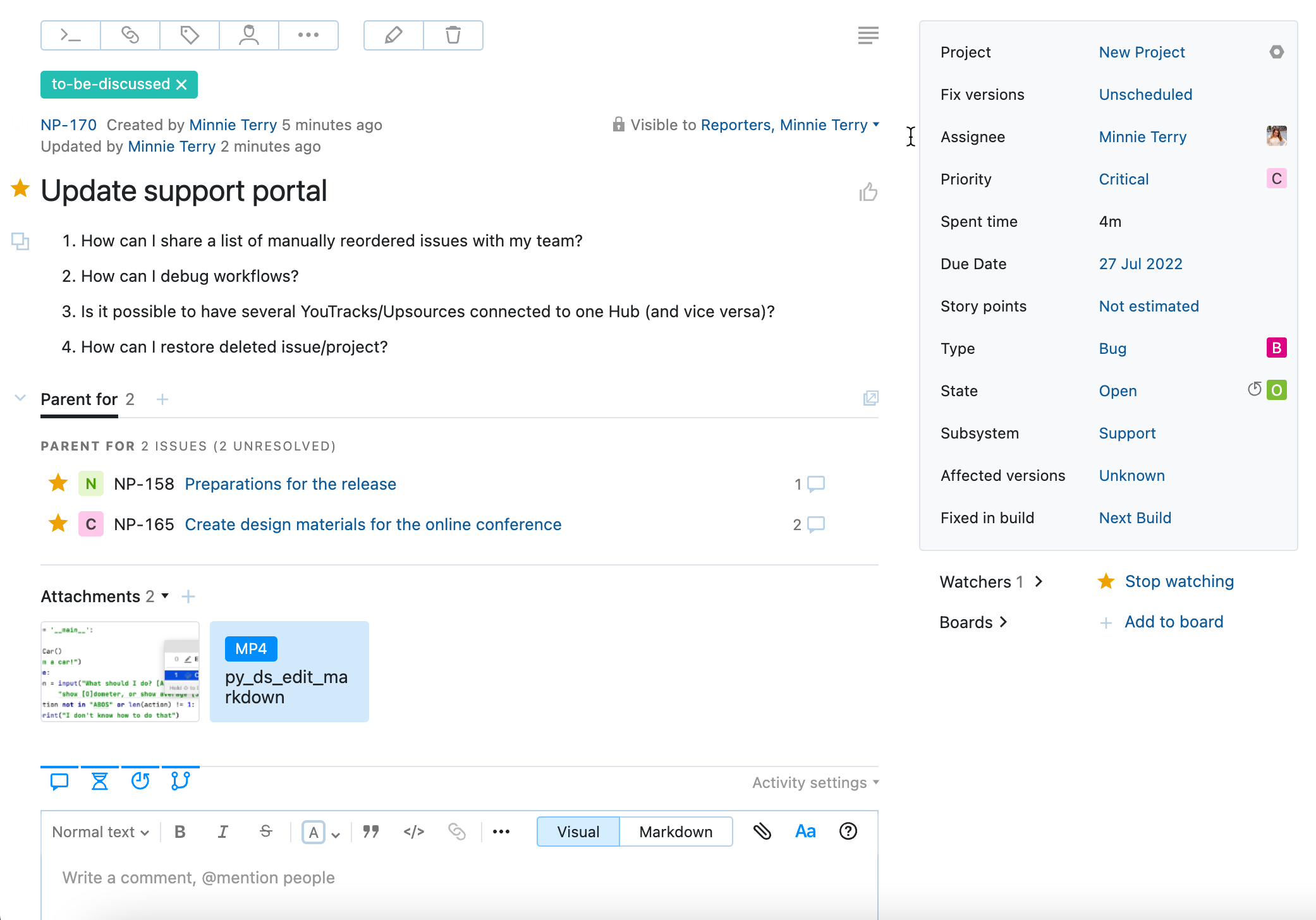 Single issue view in YouTrack Classic. Single issue view in YouTrack Classic.