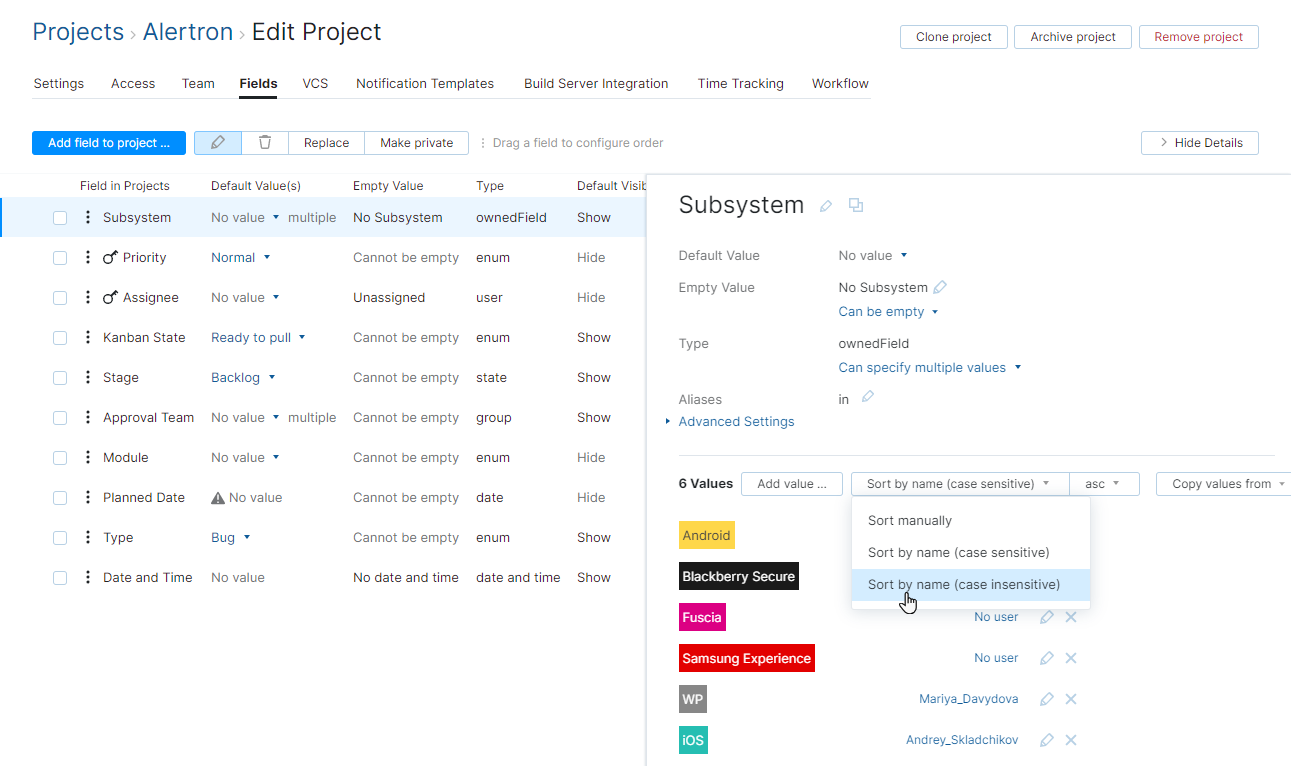 Sort values by name in project Sort values by name in project
