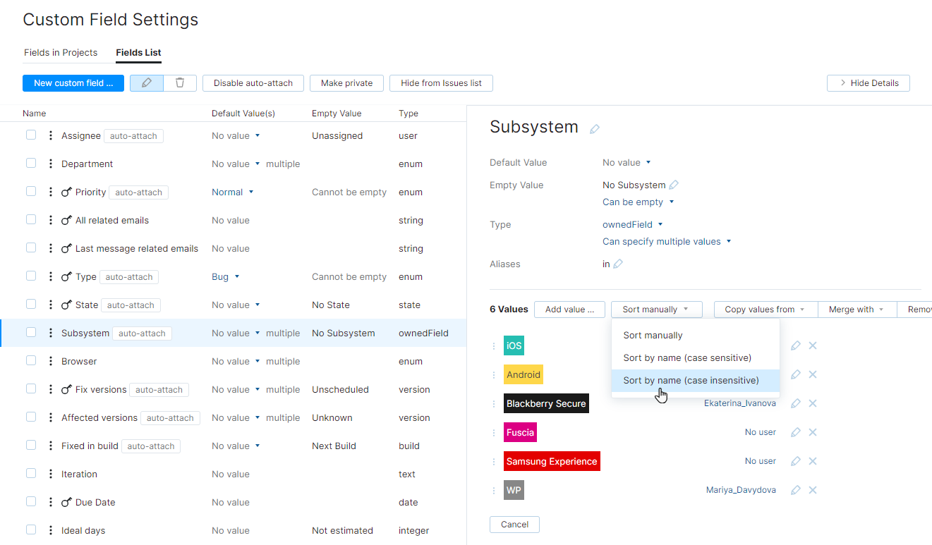 Sort values by name Sort values by name
