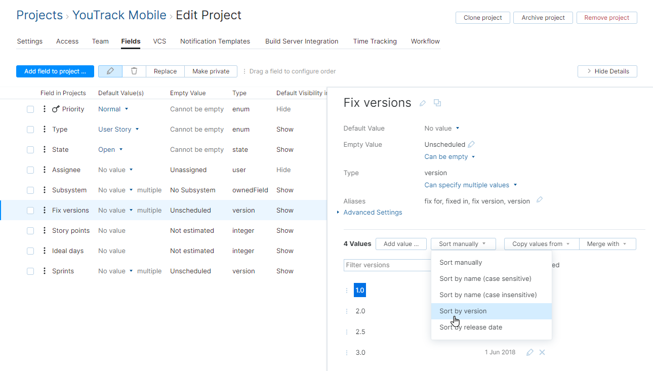 Sort values by version in project Sort values by version in project