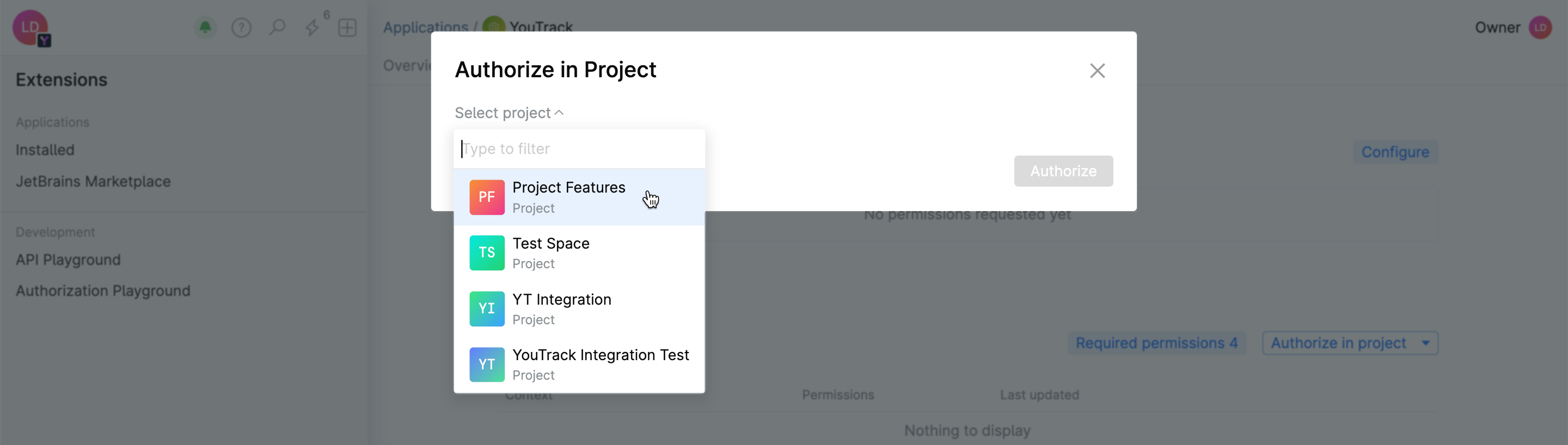 Authorize application in a Space project Authorize application in a Space project