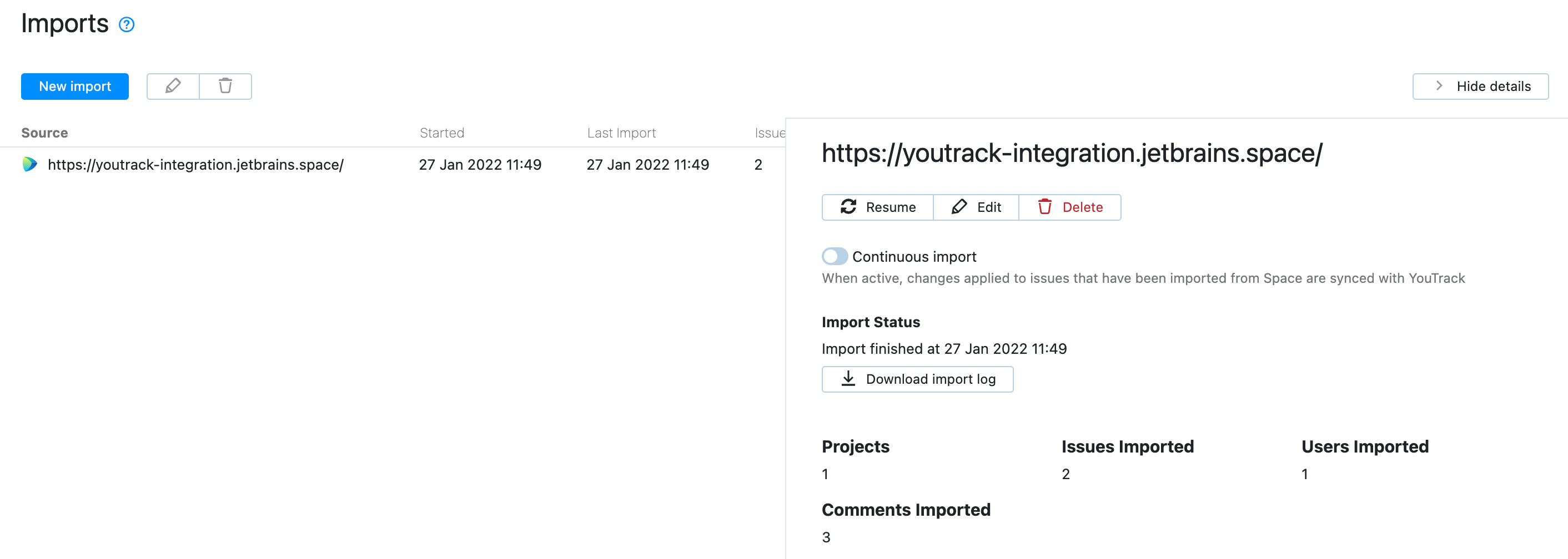 List of configured import projects. List of configured import projects.