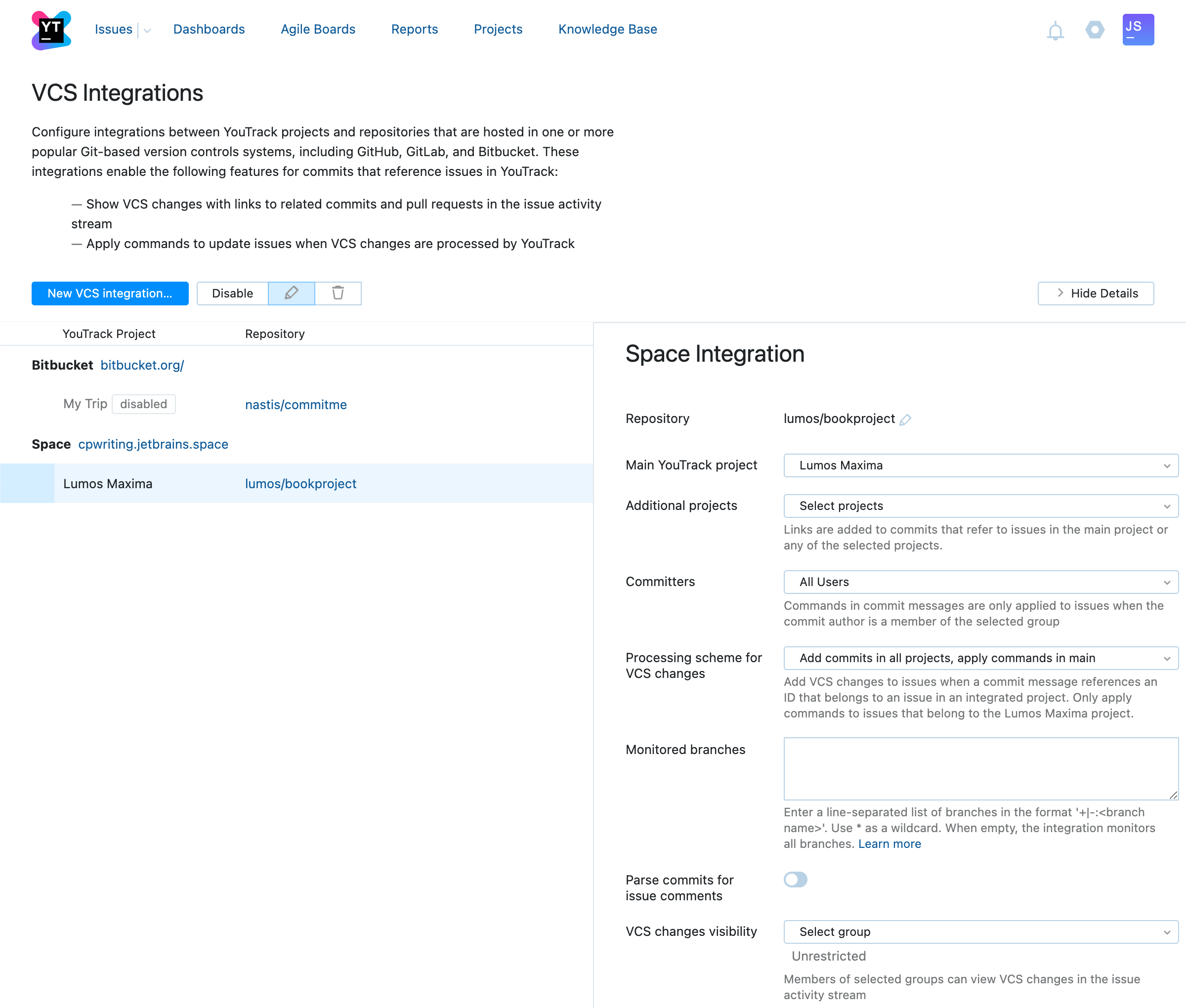 Space integration settings Space integration settings